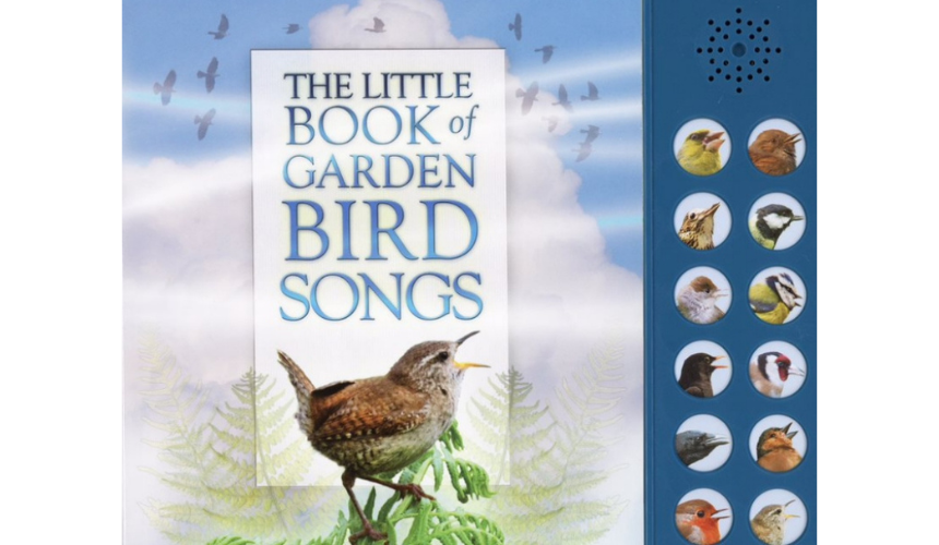 book titled 'the little book of garden song birds' with small speaker and images of different birds